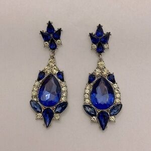 Faux Sapphire Silver And Rhinestone Dangle Earrings Costume Jewelry
